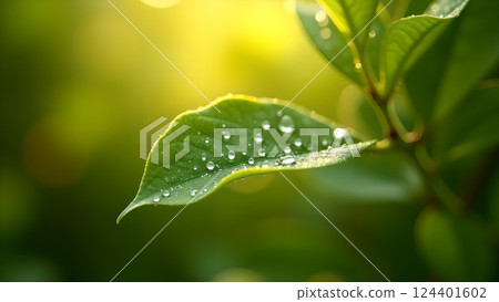 Lush Green Leaf with Water Droplets in Sunlight Lush Green Leaf with Water Droplets in Sunlight 124401602