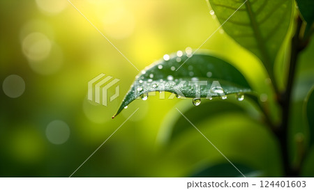 Lush Green Leaf with Water Droplets in Sunlight Lush Green Leaf with Water Droplets in Sunlight 124401603