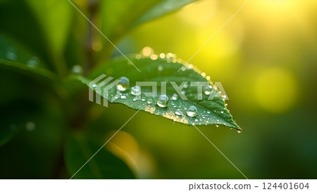 Lush Green Leaf with Water Droplets in Sunlight Lush Green Leaf with Water Droplets in Sunlight 124401604