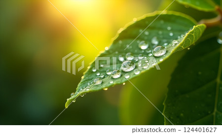 Lush Green Leaf with Water Droplets in Sunlight Lush Green Leaf with Water Droplets in Sunlight 124401627