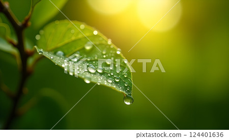 Lush Green Leaf with Water Droplets in Sunlight 124401636