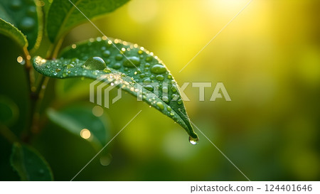 Lush Green Leaf with Water Droplets in Sunlight Lush Green Leaf with Water Droplets in Sunlight 124401646