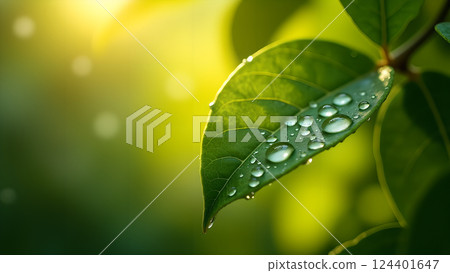 Lush Green Leaf with Water Droplets in Sunlight Lush Green Leaf with Water Droplets in Sunlight 124401647