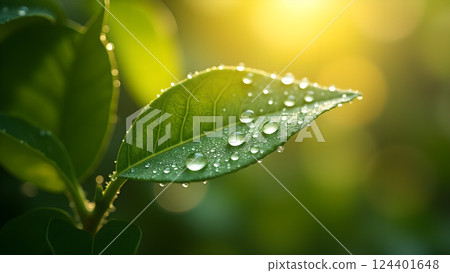 Lush Green Leaf with Water Droplets in Sunlight 124401648