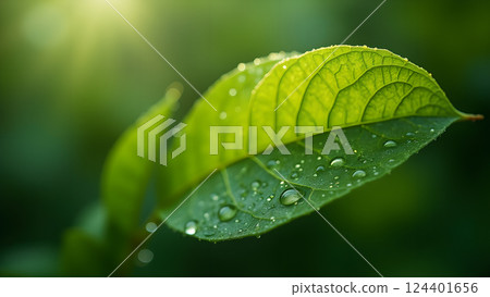 Lush Green Leaf with Water Droplets in Sunlight Lush Green Leaf with Water Droplets in Sunlight 124401656
