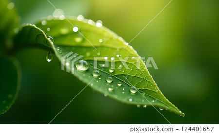 Lush Green Leaf with Water Droplets in Sunlight Lush Green Leaf with Water Droplets in Sunlight 124401657
