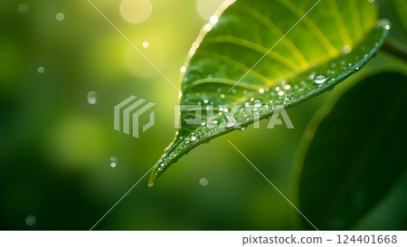 Lush Green Leaf with Water Droplets in Sunlight Lush Green Leaf with Water Droplets in Sunlight 124401668