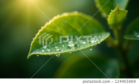 Lush Green Leaf with Water Droplets in Sunlight Lush Green Leaf with Water Droplets in Sunlight 124401669