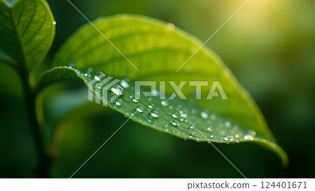 Lush Green Leaf with Water Droplets in Sunlight Lush Green Leaf with Water Droplets in Sunlight 124401671