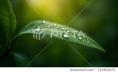 Lush Green Leaf with Water Droplets in Sunlight Lush Green Leaf with Water Droplets in Sunlight 124401672