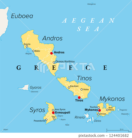 Andros, Mykonos, Tinos, and Syros, islands in Greece, political map. Greek islands and the northern part of the island group Cyclades, in the Aegean Sea. Map with capitals and most important towns. 124401682