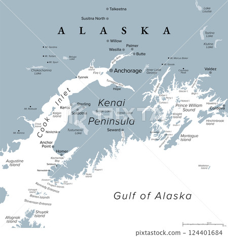 Anchorage and Kenai Peninsula, gray political map. Anchorage, most populous city of Alaska, and the Kenai Peninsula in the south, separated from mainland between Cook Inlet and Prince William Sound. 124401684
