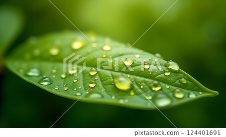 Green Leaves with Water Droplets in Soft Sunlight 124401691
