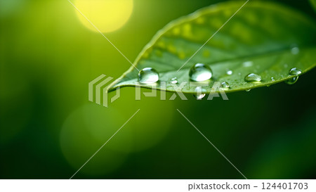 Green Leaves with Water Droplets in Soft Sunlight Green Leaves with Water Droplets in Soft Sunlight 124401703