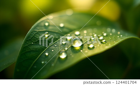 Green Leaves with Water Droplets in Soft Sunlight 124401704