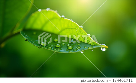 Green Leaves with Water Droplets in Soft Sunlight Green Leaves with Water Droplets in Soft Sunlight 124401711