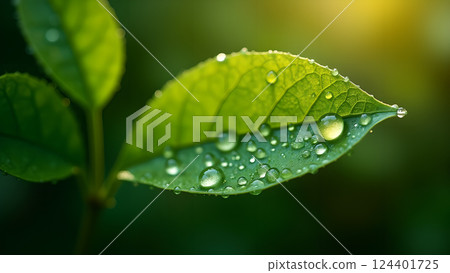 Green Leaves with Water Droplets in Soft Sunlight 124401725