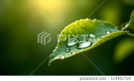 Green Leaves with Water Droplets in Soft Sunlight 124401726