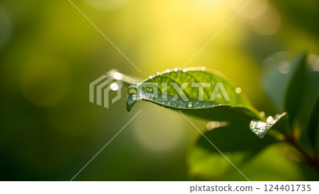 Green Leaves with Water Droplets in Soft Sunlight 124401735