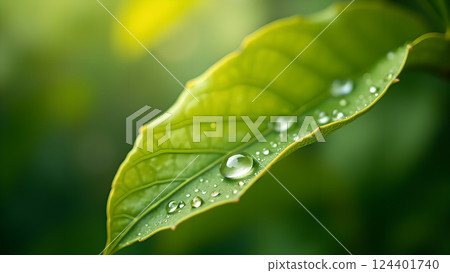 Green Leaves with Water Droplets in Soft Sunlight Green Leaves with Water Droplets in Soft Sunlight 124401740