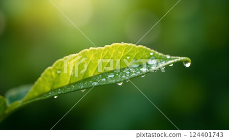 Green Leaves with Water Droplets in Soft Sunlight 124401743
