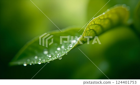 Green Leaves with Water Droplets in Soft Sunlight 124401753