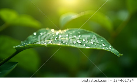 Green Leaves with Water Droplets in Soft Sunlight Green Leaves with Water Droplets in Soft Sunlight 124401754