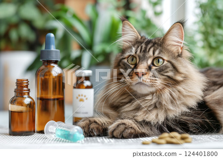 Portrait of a Siberian cat next to pills, syringe and bottles of medicine on the table in a veterinary clinic. 124401800
