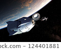 An astronaut walks into outer space from a private spacecraft capsule orbiting the Earth 124401881