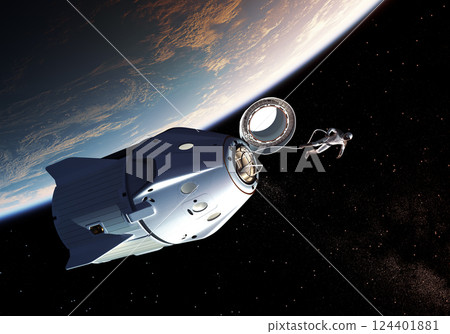 An astronaut walks into outer space from a private spacecraft capsule orbiting the Earth An astronaut walks into outer space from a private spacecraft capsule orbiting the Earth 124401881