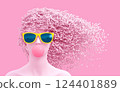 Head of a young woman and 3D pixels as hair on a pink background 124401889