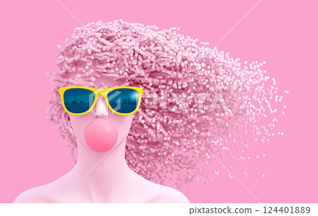 Head of a young woman and 3D pixels as hair on a pink background Head of a young woman and 3D pixels as hair on a pink background 124401889