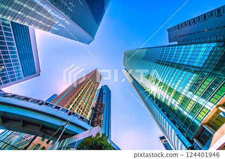 Tokyo cityscape, Japan, March 21st. Sparkling like spring in full swing... Overlooking the Shiodome office district and the Yurikamome line 124401946
