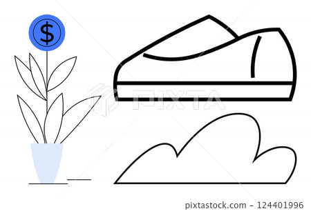 Dollar sign atop a plant pot, a minimalist shoe icon, and a cloud. Ideal for business growth, financial success, investment, dreams, aspirations, simplicity, success mindset. Line metaphor Dollar sign atop a plant pot, a minimalist shoe icon, and a cloud. Ideal for business growth, financial success, investment, dreams, aspirations, simplicity, success mindset. Line metaphor 124401996