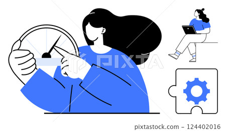 Woman pointing at performance gauge, another woman sitting with laptop, gear puzzle piece. Ideal for productivity, performance monitoring, teamwork, remote work, digital tools, settings, progress Woman pointing at performance gauge, another woman sitting with laptop, gear puzzle piece. Ideal for productivity, performance monitoring, teamwork, remote work, digital tools, settings, progress 124402016