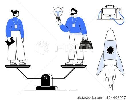 Two professionals balancing on a seesaw, one with a light bulb idea, briefcase and another holding documents, extending a light bulb. Ideal for entrepreneurship, teamwork, innovation, business Two professionals balancing on a seesaw, one with a light bulb idea, briefcase and another holding documents, extending a light bulb. Ideal for entrepreneurship, teamwork, innovation, business 124402027