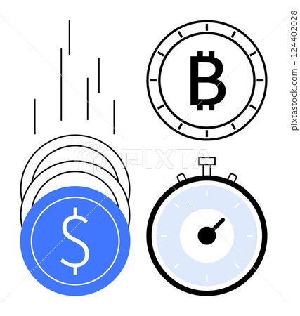 Coins with dollar and Bitcoin symbols, stopwatch, and falling graphical bars. Ideal for finance, cryptocurrency, investment, time management, digital transactions, economics, business strategies Coins with dollar and Bitcoin symbols, stopwatch, and falling graphical bars. Ideal for finance, cryptocurrency, investment, time management, digital transactions, economics, business strategies 124402028