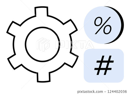 Gear icon beside percentage and metadata tag symbols. Ideal for engineering, mathematics, social media, data analysis, automation, productivity, and technology. Line metaphor Gear icon beside percentage and metadata tag symbols. Ideal for engineering, mathematics, social media, data analysis, automation, productivity, and technology. Line metaphor 124402036
