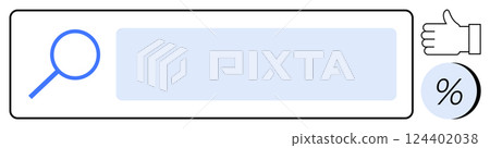 Search bar with blue magnifying glass, thumbs up symbol, and percentage icon. Ideal for search engines, user feedback, website development, SEO, online marketing, UX UI design, digital tools. Line 124402038