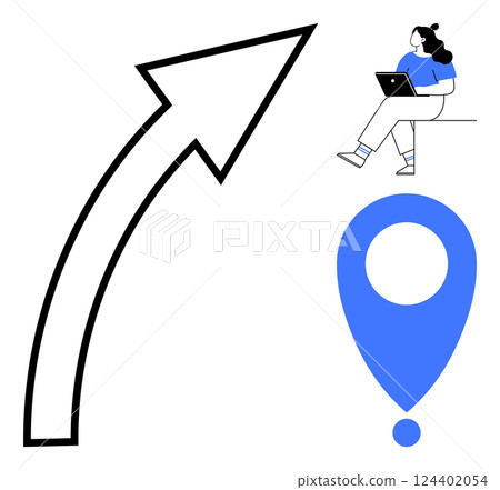 Woman with laptop sitting, upward pointing arrow on left, large blue location marker. Ideal for business growth, navigation, digital nomadism, remote work, goal setting, productivity, achievement Woman with laptop sitting, upward pointing arrow on left, large blue location marker. Ideal for business growth, navigation, digital nomadism, remote work, goal setting, productivity, achievement 124402054