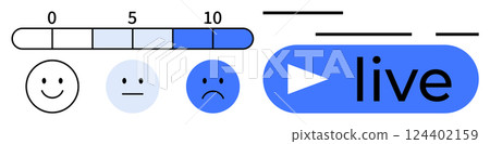 Sentiment scale with happy faces happy to sad , rating bar 0-10 , and live button. Ideal for user feedback, customer satisfaction, online surveys, live streaming, webinars, virtual events 124402159