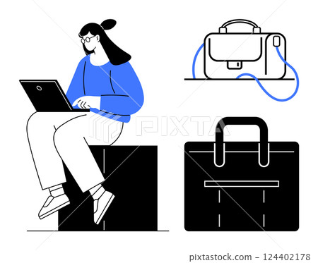 Young woman working on laptop, wearing blue sweater, sitting on black block, next to two types of briefcases, one with a strap and one without. Ideal for remote work, freelance, business travel 124402178