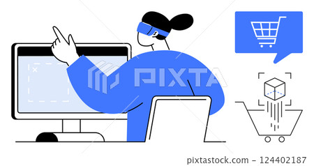 Person wearing VR headset, interacting with computer screen, shopping cart icons. Ideal for e-commerce, online shopping, virtual reality, digital marketing, customer experience, technology Person wearing VR headset, interacting with computer screen, shopping cart icons. Ideal for e-commerce, online shopping, virtual reality, digital marketing, customer experience, technology 124402187
