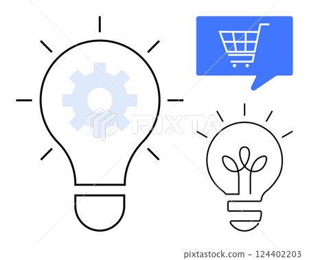 Light bulbs with gear, plant, and shopping cart symbols representing innovation, eco-friendliness, and e-commerce. Ideal for business strategies, creative thinking, environmental concepts 124402203