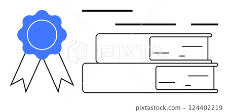 Blue ribbon representing excellence alongside two stacked books. Ideal for education, success, certification, achievement, learning, academic events, and recognition contexts. Banner for landing page Blue ribbon representing excellence alongside two stacked books. Ideal for education, success, certification, achievement, learning, academic events, and recognition contexts. Banner for landing page 124402219