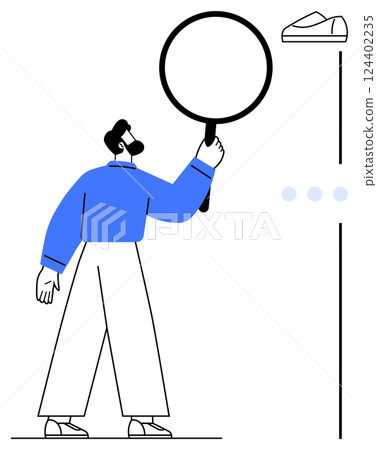 Man in blue shirt and white pants holds large magnifying glass towards shoe illustration on wall. Ideal for product inspection, quality control, research, investigation, observation, analysis Man in blue shirt and white pants holds large magnifying glass towards shoe illustration on wall. Ideal for product inspection, quality control, research, investigation, observation, analysis 124402235