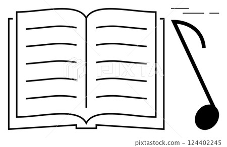 Open book with horizontal lines beside a bold musical note. Ideal for education, music, literature, creativity, learning, school, and library promotions. Banner for landing page 124402245