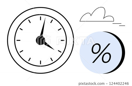 Analog clock face with black hands and ticks, blue circle with a black percentage sign, outlined cloud. Ideal for time management, business analytics, financial reports, weather forecasts Analog clock face with black hands and ticks, blue circle with a black percentage sign, outlined cloud. Ideal for time management, business analytics, financial reports, weather forecasts 124402246