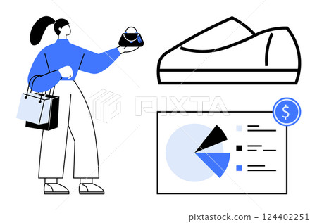 Woman holding a handbag and shopping bags, large shoe, pie chart with dollar symbol. Ideal for retail, e-commerce, market analysis, finance, fashion, consumer behavior, sales. Line metaphor 124402251