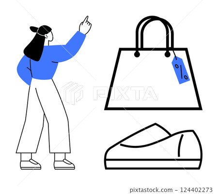 Woman pointing upwards, large handbag with price tag, pair of shoes. Ideal for retail, fashion, shopping, e-commerce, advertisements, consumer behavior, product promotion. Line metaphor Woman pointing upwards, large handbag with price tag, pair of shoes. Ideal for retail, fashion, shopping, e-commerce, advertisements, consumer behavior, product promotion. Line metaphor 124402273